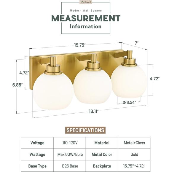 Bathroom Light Fixtures, 3-Light Brushed Gold Vanity Light, Modern Wall Sconces - Picture 6 of 6